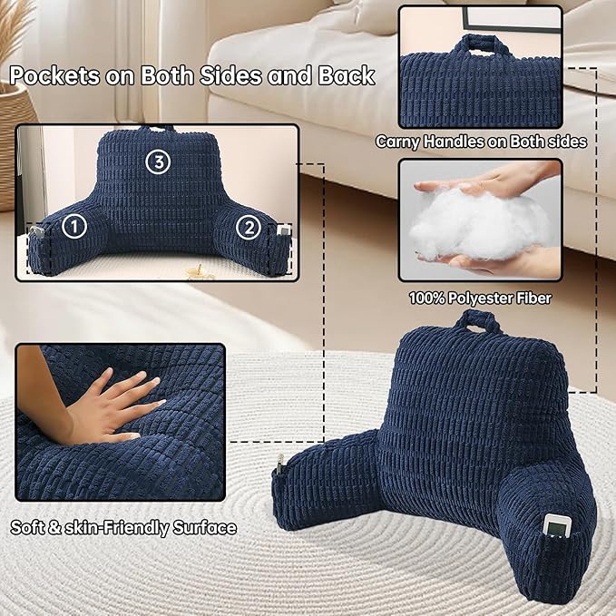 PAJEO Reading Pillow for Sitting in Bed, Large Backrest Reading Pillow with Arm Rest,Back-Rest Support Cushion for Sit Up on Couch, Sofa, and Floor, Dorm Essentials (Dark Blue Corduroy, Standard(17"))