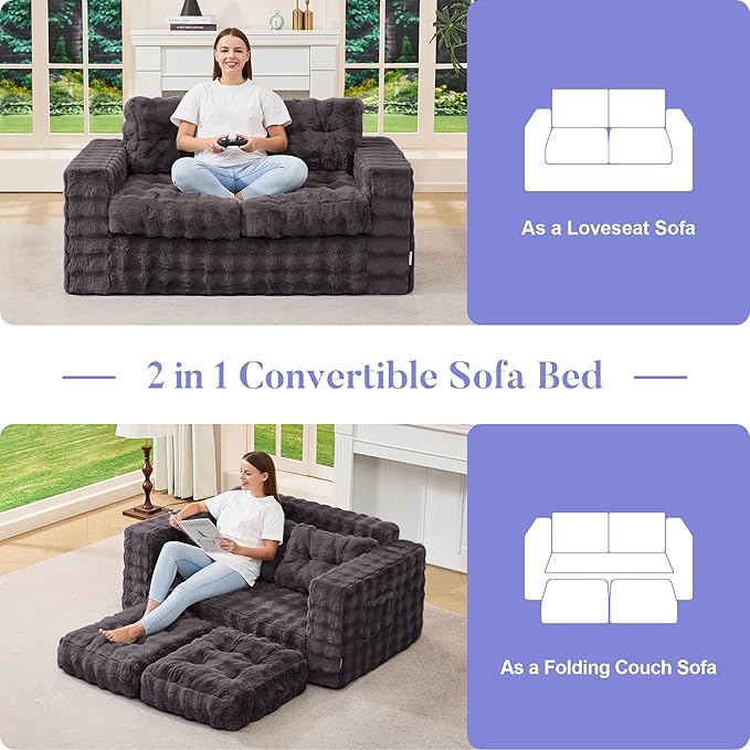 Hobestluk Sofa Couch Loveseat Sofa with Bubble Fabric 2-Seater Sofa for Small Spaces Comfortable Foam Floor Sofa 2 in 1 boneless couch for Living Room Bedroom Apartment or Office (Dark Grey, Loveseat)
