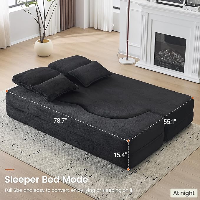 Convertible Folding Sofa Bed, 78” Full Size Floor Sleeper Couch, Chenille Full Foam Futon Loveseat for Living Room Bedroom, No Assembly Required (Black)