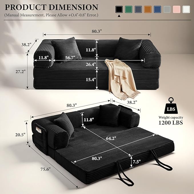 AUGOP Boneless Couch Folding Couches for Living Room Sofa, Futon Sofa Bed with Sleeper Sofa, Futon Couch with Fixed-Shape Oversized Corduroy Upholstered (Black, 81 Inches)