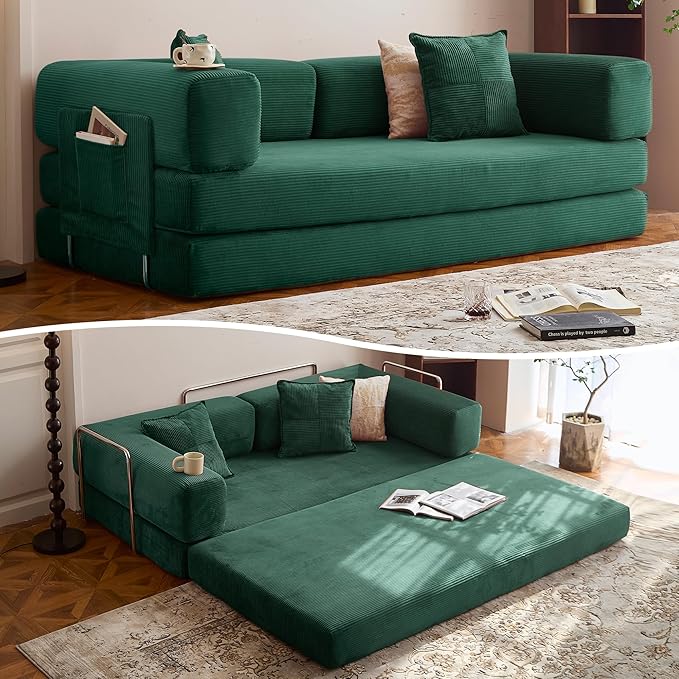 LIAROO 78.8" Convertible Sofa Bed -Compression Sofa with Corduroy Fabric - with Armrests and Backrest - Modular Sectional for Living Room, Bedroom, Studio - Compression Sofa in Box (Emerald Green)