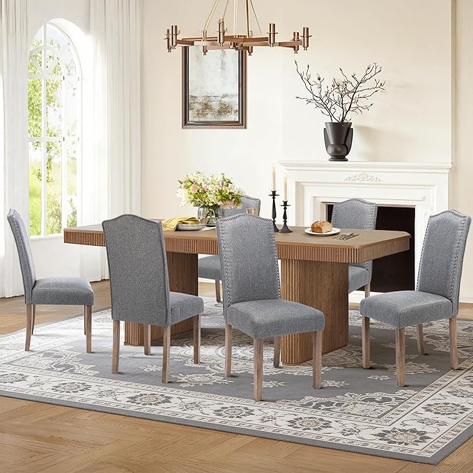 Snugway Upholstered Dining Chair Stylish Parsons Kitchen High Back with Silver Nailhead Trim & Wood Legs, 4-Pack, Fabric Classic Grey