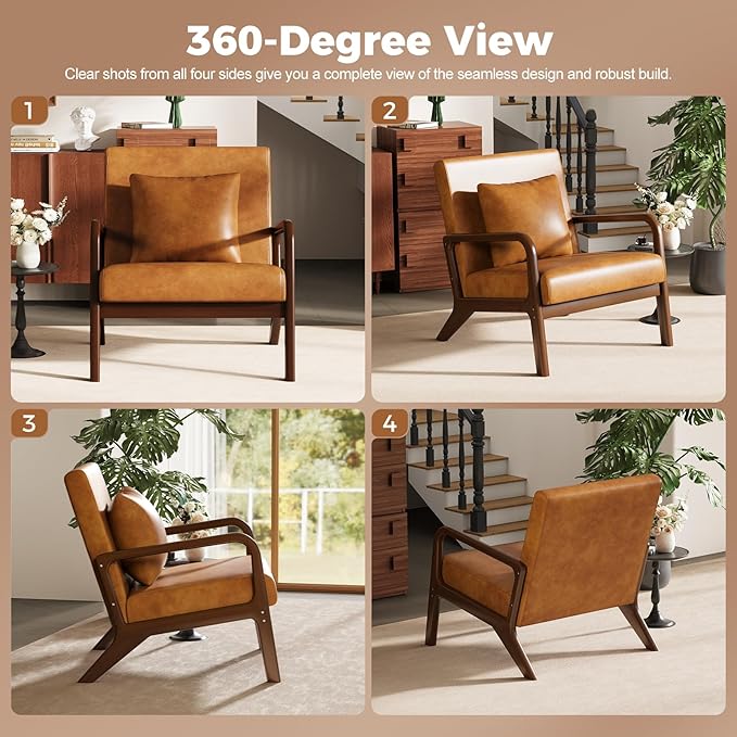ELUCHANG Mid-Century Modern Chair,Upholstered Accent Chair Reading Arm Chair with Cushion & Lumbar Pillow & Solid Wood Frame for Lounge, Living Room, Bedroom, Office, Brown-PU Leather