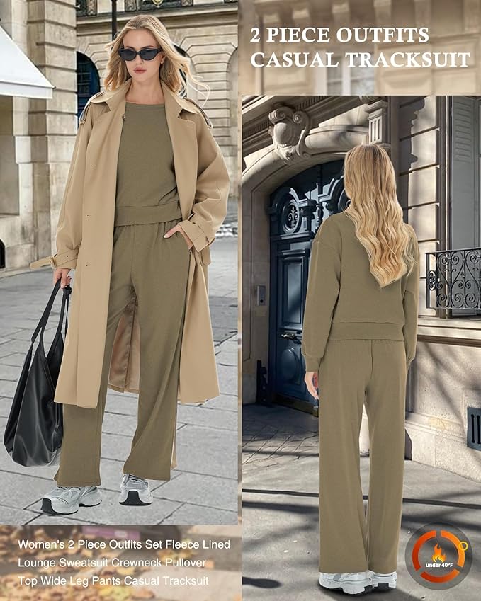 Sweetyweee Women's 2 Piece Outfits Set Fleece Lined Lounge Sweatsuit Crewneck Pullover Top Wide Leg Pants Casual Tracksuit(Khaki,X-Large)