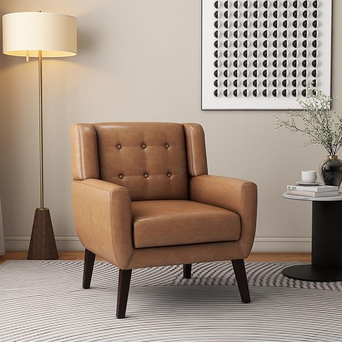 Accent Chair, Mid-Century Modern PU Leather Chairs with Arms for Living Room, Comfy Upholstered Club Single Sofa Armchair for Bedroom Waiting Room with Solid Wood Frame（Leather Brown, Set of 1)