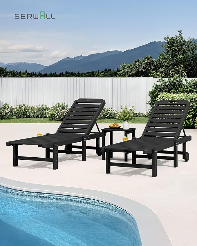 SERWALL Patio Chaise Lounge Chair Set of 4, HDPE Outdoor Lounge Chair with Cup Holder, 5 Positions Adjustable Poly Lounger with Rolling Wheels for Poolside, Deck, Sunbathing, Black