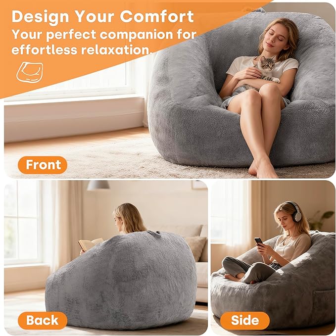 COSIEST Bean Bag Chair, Big Comfy Couch with Side Pocket, Furry Beanbag Chair with Foam Filler for Adults & Kids, Stuffed Accent Sofa for Reading, Lounge Floor Sofa for Living Room, Bedroom, Grey
