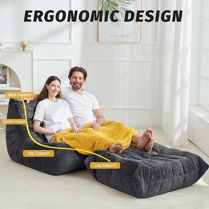Homguava Giant Bean Bag Chairs for Adults, Memory Foam BeanBag Fireside Chair Bean Bag, Lazy Floor Sofa with High-Rebound Foam, Sofa Couch for Living Room Bedroom Dorm Office (Grey, Footrest)