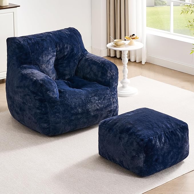 ONBRILL Giant Bean Bag Chairs for Adults with Ottoman, Faux Fur Boneless Chaise Couch Filler with Memory Foam,Large BeanBag Lounge Lazy Floor Sofa Accent Chair for Living Room,Bedroom & Game Rooms