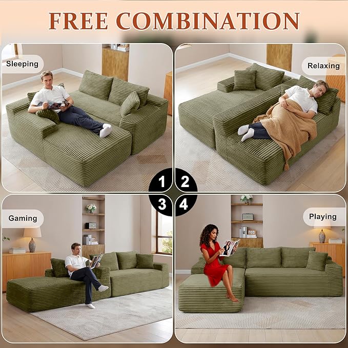 HYJT-H&K Modular Sectional Sofa Cloud Sectional Couch, 95" Comfy Fluffy L Shaped Green Couches for Living Room, Deep Seat Memory Foam Plush Corduroy Boneless Couch Sectionals Left Facing Chaise Sofa