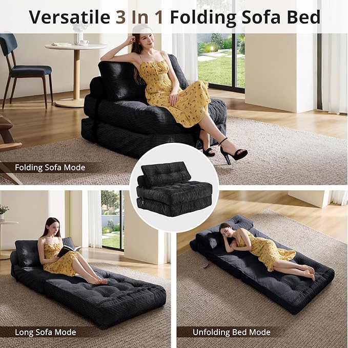 Convertible Sofa & Couch Bed - Oversized Adult Sleeper Chair & Bean Bag Chair, Foldable Floor Bed with Backrest, Comfortable Lazy Sofa for Bedroom, Living Room & Dorm (Black, Single)