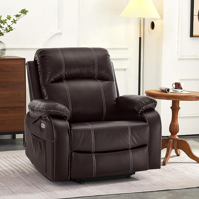 MCombo Small-Wide Power Lift Recliner Chair with Massage and Heat for Petite Elderly People, 3 Positions, 2 Side Pockets, USB Ports, Faux Leather R7410 (Dark Brown, Small-Wide)