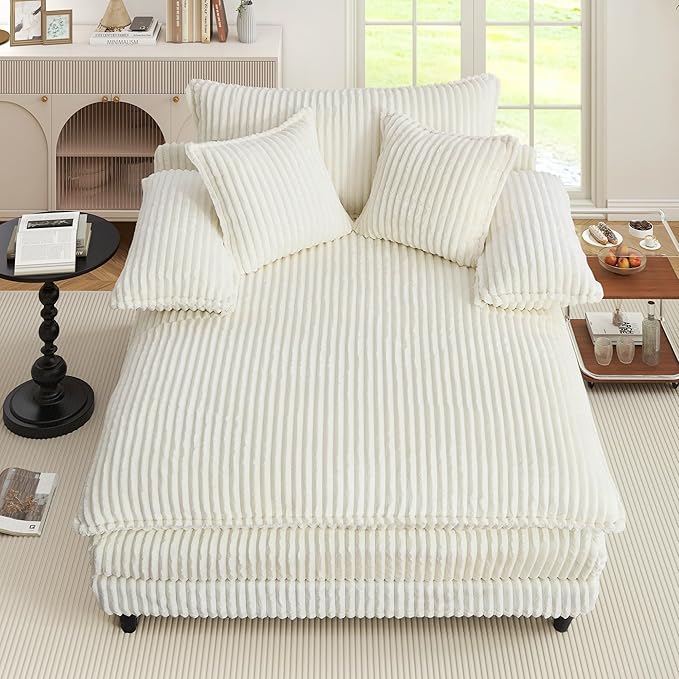 54.8" W Oversized Chaise Lounge Chair Indoor with 5-Position Adjustable Backrest, Corduroy Sleeper Sofa Bed with 3 Pillows, Modern Cloud Couch Chair for Living Room, Bedroom, Beige