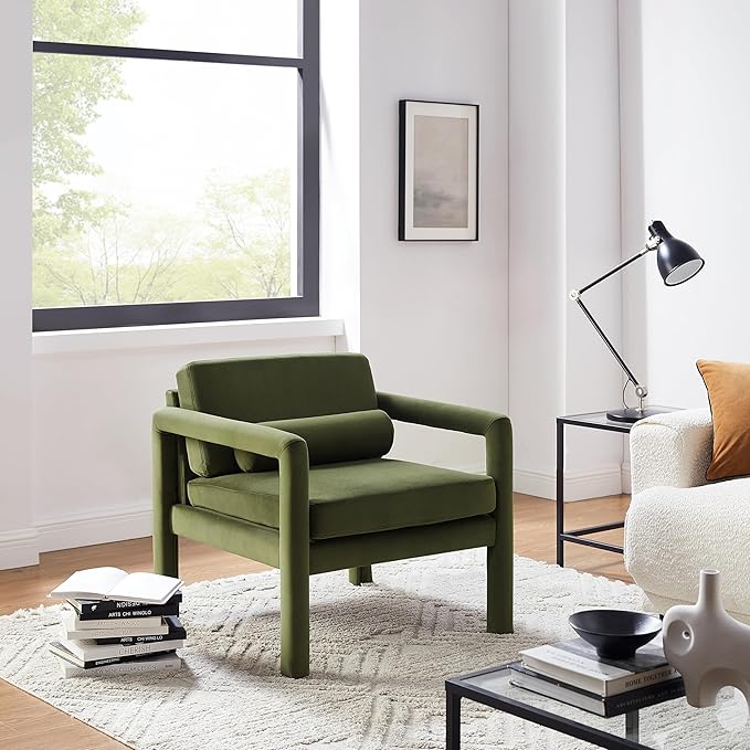 Art Leon Accent Chairs Set of 2, Modern Velvet Upholstered Arm Chairs, Sofa Chairs Lounge Chairs with Pillow for Living Room Bedroom, Green