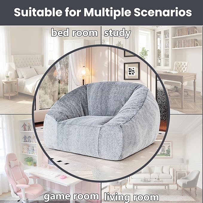 Bean Bag Chairs for Adults, Giant Beanbag Sofa Comfy Reading Chair, Oversized Bean Bag Chairs for Living Room Bedroom, Soft Faux Fur Fabric, 3.2FT, Dark Grey, Plush
