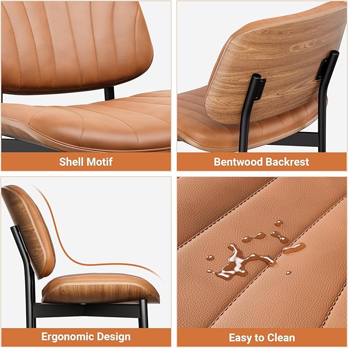 YaFiti Dining Chairs Set of 2, Dining Room and Kitchen Chairs, Mid Century Modern Accent Chair, Upholstered PU Leather Chairs for Vanity with Walnut Bentwood and Metal Legs, Light Tan