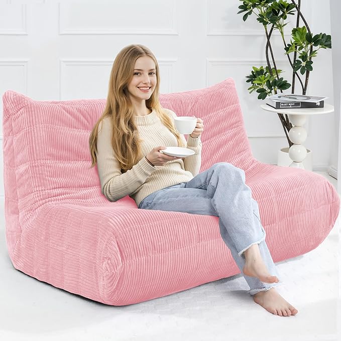 Bean Bag Chair,Giant Beanbag Chairs for Adults,Comfy Large Fireside Chair Lazy Sofa,Corduroy Bean Bag Lounger with Memory Foam Filled,Floor Sofa Couch for Home,Living Room (Pink, Loveseat)
