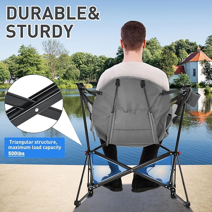 GDY Patio Camping Chairs, Oversized Hammock, Folding Rocking Chairs, Adjustable Back Swing Chairs, Cup Holder, Outdoor Beach Lawn, Gray