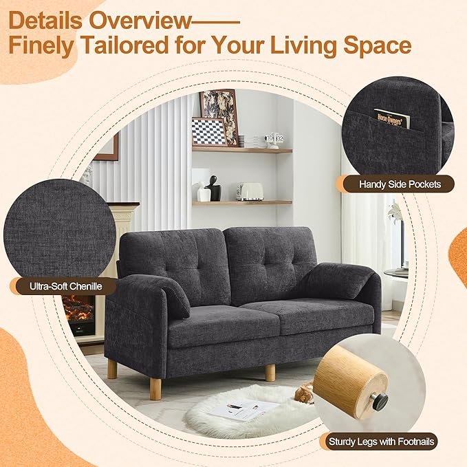 WUTUTUEE 65" Chenille Loveseat Sofa, Modern 2-Seater Love Seat Couch with Armrest Pillows, Storage Pockets, Easy Assembly, Upholstered Tufted Loveseat Couches for Living Room Bedroom, Dark Grey