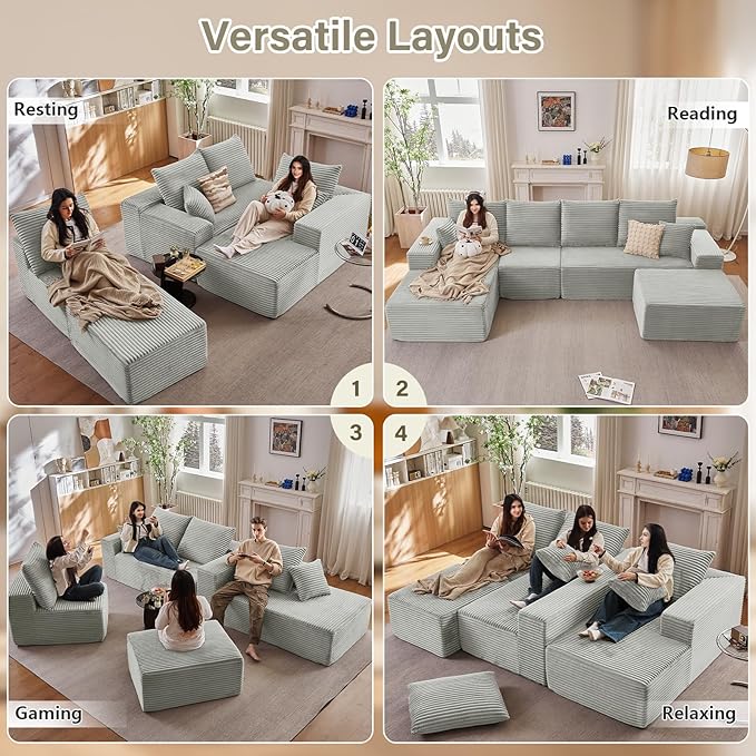 Lakifun 135" L-Shape Sofa with Ottoman, Modern Modular Sectional Comfy U-Shape Cloud Couch, Deep Seat, Upholstered Corduroy Sleeper Chaise Longue for Living Room Bedroom, No Assembly Required, Grey