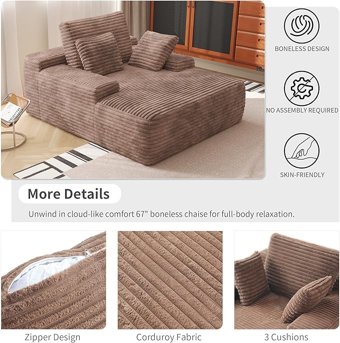 WJShome Oversized Chaise Lounge Chair Indoor, Plush Corduroy Boneless Sofa Bed, Cloud Reading Chair with Throw Pillow for Living Room (Brown)
