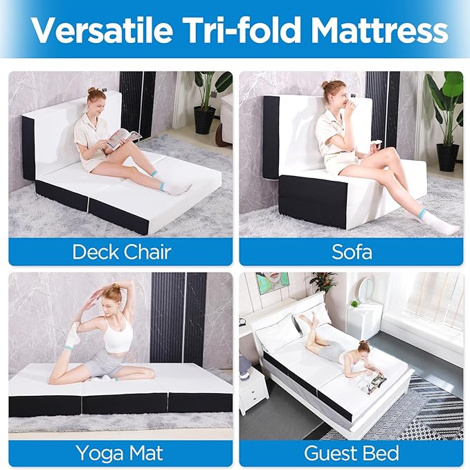 Roxzo Tri-Fold Memory Foam Mattress, 6 inch Twin Tri-Folding Memory Form Mattress, Collapsible and Washable Cover, Travel and Guest Mat,75"x38"x6"