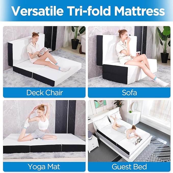 Roxzo 4-inch Queen Size Tri-Fold Memory Foam Mattress, Foldable for Indoor, RV/Camper Van, Travel, Camping, and Guest Rooms, with Breathable Cover & Non-Slip Bottom, 78x58x4 inches