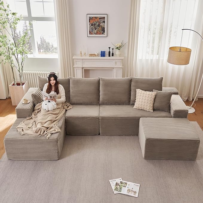 Lakifun 135" L-Shape Sofa with Ottoman, Modern Modular Sectional Comfy U-Shape Cloud Couch, Deep Seat, Upholstered Corduroy Sleeper Chaise Longue for Living Room Bedroom, No Assembly Required, Camel