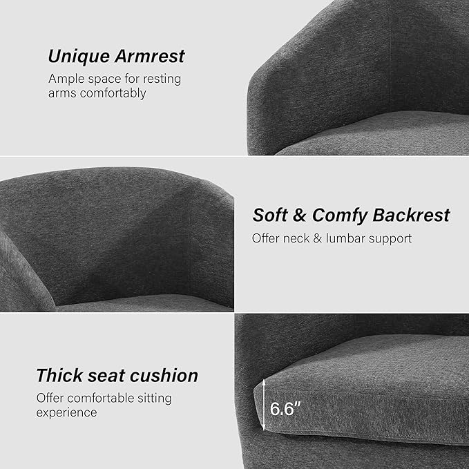 Swivel Barrel Chair, Modern Round PU Leather Accent Armchair for Living Room, Bedroom, Oversized Comfy Club Reading Chairs for Adults (Chenille Grey, Set of 2)