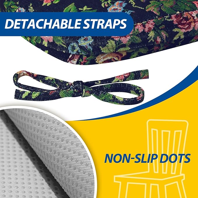 AAAAAcessories D-Shaped Chair Cushions, 2" Thick Dining Chair Pads with Ties and Removable, Machine-Washable Cover, 17" x 16", Night-Blooming Blossoms