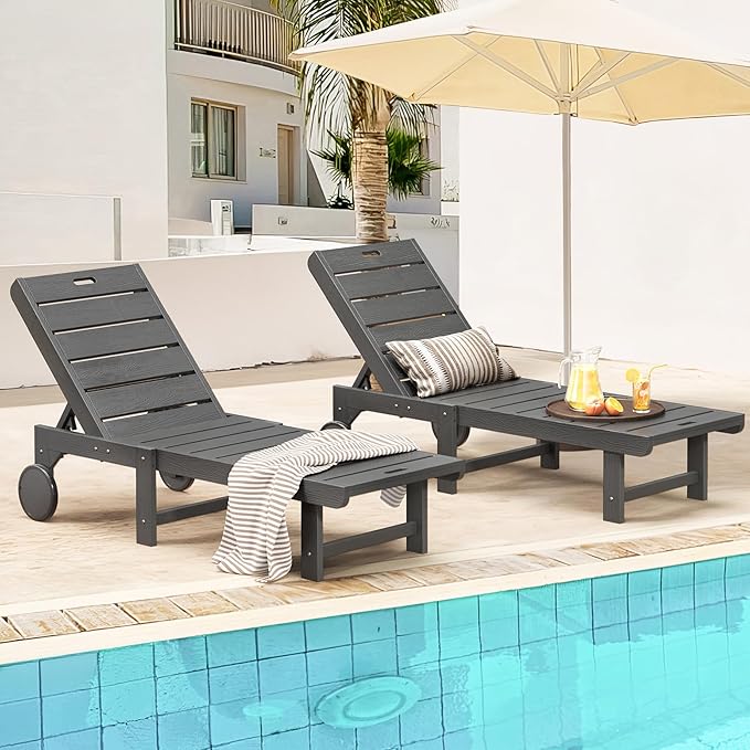 Homenjoy Outdoor Chaise Lounge Chairs Set of 2, 2-Piece, 26.8” Super Wide Lounge Chair Outdoor, HDPS Pool Chairs with 5 Positions, Patio Lounge Chair with Wheels for Pool,Lawn,Backyard, Dark Gray