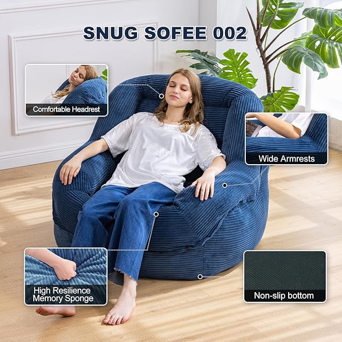 Giant Bean Bag Chair with Armrests - Oversized Cozy Seating for Adults, Corduroy Fabric & High-Resilience Foam Filling, Ideal Lounge for Living Room, Bedroom & Gaming Room (Royal Blue)