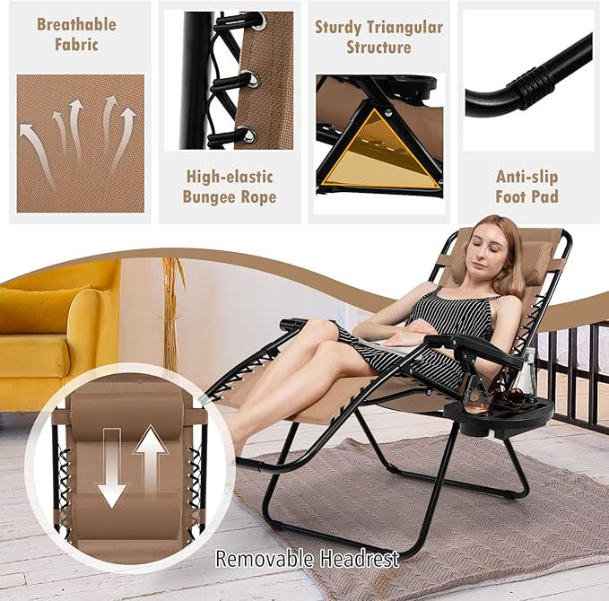 Tangkula Zero Gravity Chair, Folding Patio Lounge Chair Adjustable Outdoor Recliner with Cup Holder, Wide Armrest for Patio Garden Poolside Outdoor Yard Beach, Support 350 lbs (2, Light Brown)