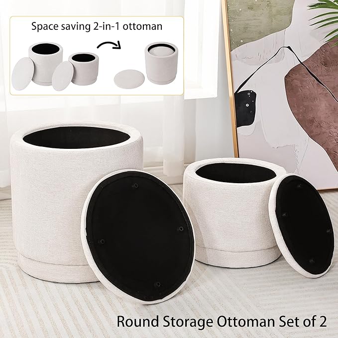 Homebeez Round Storage Ottoman Set of 2, Chenille Fabric Stool with Removable Lid, Multifunctional Foot Rest Pouf for Living Room, Bedroom, Dorm, Supports 300 lbs, Beige