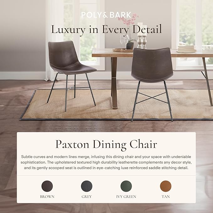 POLY & BARK Paxton Leather Dining Chairs – Set of 2 Modern Dining Room Chairs with Low Back – Faux Leather Upholstery and Matte Black Steel Base – Comfortable Seating for Stylish Interiors – Brown