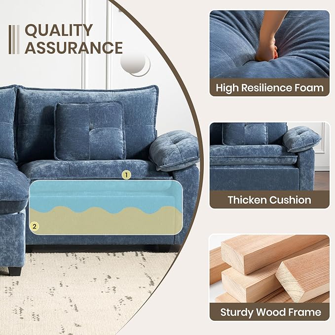 PALLOME 82" Deep Seat Comfy Cloud Couch, Modular Sectional Sofa with Movable Ottoman, L Shaped Chenille Sofa for Small Space, Modern Apartment Living Room & Office (Blue, 2-Seat + Ottoman)