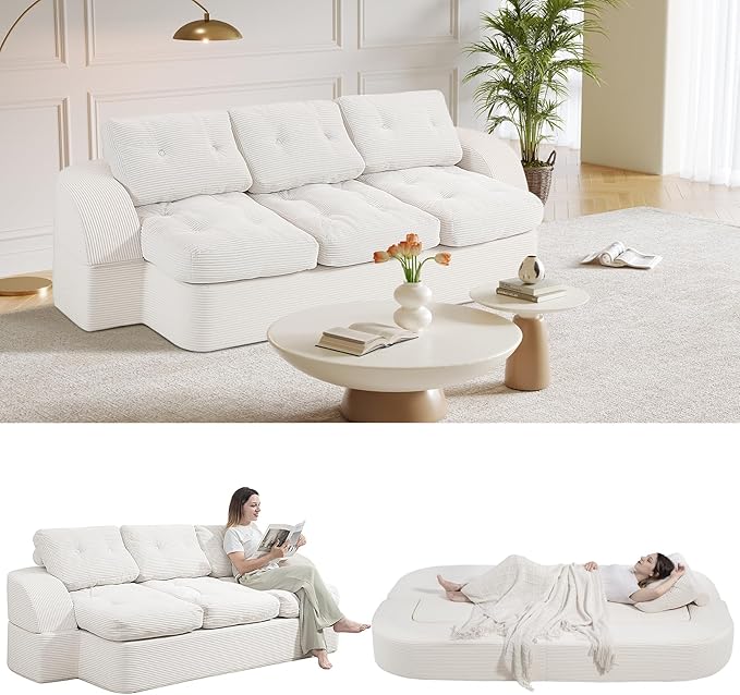 MeMoreCool Cloud Couch – 3-Seater Convertible Sofa Bed, Tufted Cushion, Corduroy, No Assembly, Beige Compact Floor Sofa | Foldable Boneless Design | Comfy Sleeper for Living Room & Small Spaces