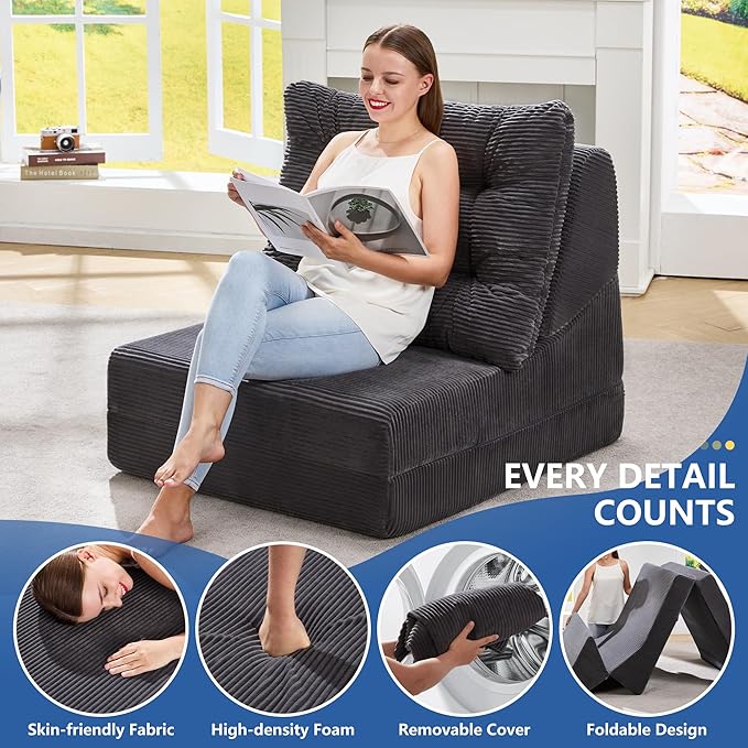 Hobestluk Sofa Couch Folding Sofa Bed Comfy Floor Lounger Convertible Sofa with Removable Cushion Couches for Small Spaces Foldable Mattress for Living Room Bedroom or Office (Cordury Grey, Large)