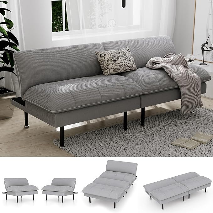 70" Futon Sofa Bed, 4 in 1 Multi-Function Couch Sleeper with Adjustable Backrest, Modern Convertible Futon, Recliner Small Loveseat for Living Room, Dorm, Light Grey