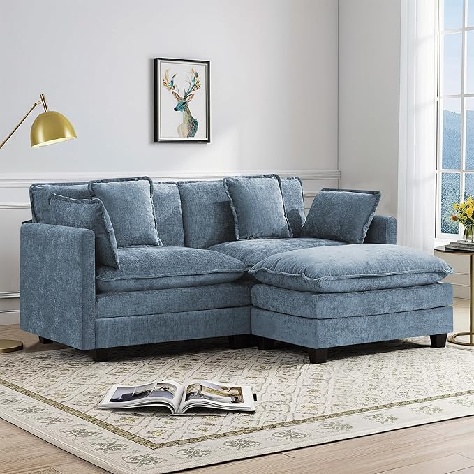 UMBFUN Cloud Couch Loveseat with Ottoman, Oversized Comfy Modular Sectional L Shaped Sofa with Deep Seat Cushions, Chenille 2-Seater Lounge Set for Living Room, Blue