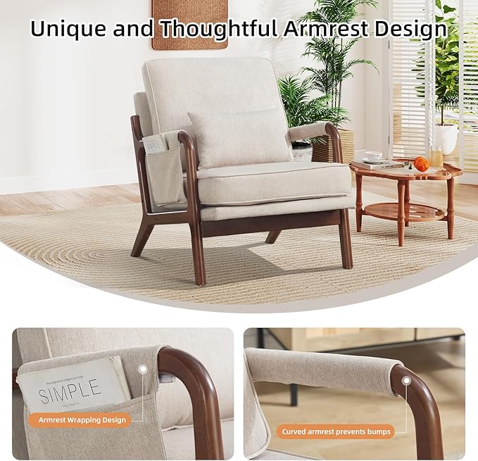 CANMOV Mid Century Modern Accent Chair with Extra Side Storage Pocket Upholstered Reading Armchair with Waist Cushion, Accent Chair for Living Room Bedroom, Easy Assembly, Beige