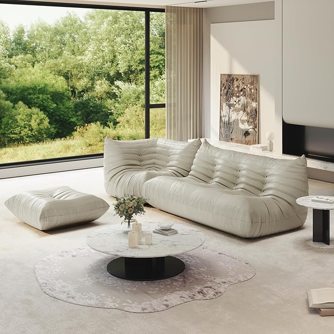Bean Bag Chair for Adults, Fireside Chair Lazy Floor Sofa, Modern PU Faux Leather Caterpillar Sofa Couch, Armless Foam Lounger Tatami Recliner Bean Bag Couch for Living Room Bedroom Dorm Office