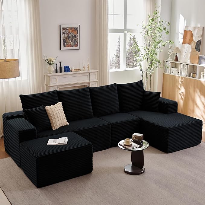 Lakifun 135" U-Shape Cloud Couch, Modern Modular Sectional Comfy L-Shape Sofa with Ottoman, Deep Seat, Upholstered Corduroy Sleeper Chaise Longue for Living Room Bedroom, No Assembly Required, Black