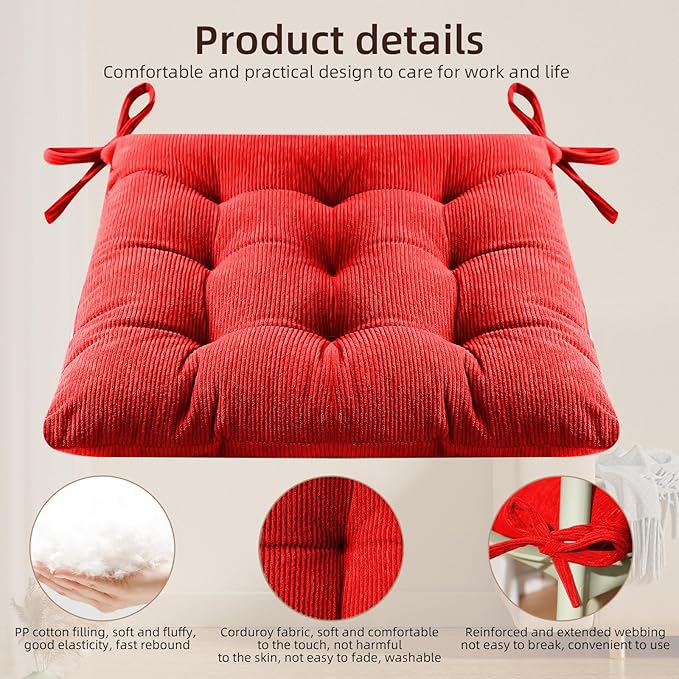 HLOVME Corduroy Chair Cushion with Ties Ultra Soft Warm Floor Cushion for Kids Reading Nook Comfortable Square Seat Cushion for Adult 15.7”x15.7” Set of 2, Bright red
