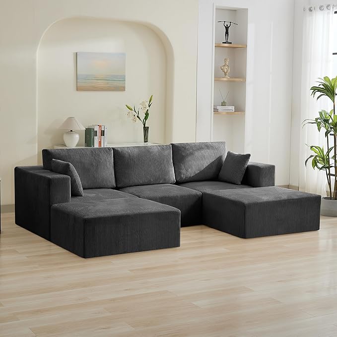 115'' U Shaped Boneless Sofa Couch, 3 Seater Modular Sectional Sofa with 2 Movealbe Ottoman, Corduroy Convertible Sleeper Couch with Chaise for Living Room, Grey