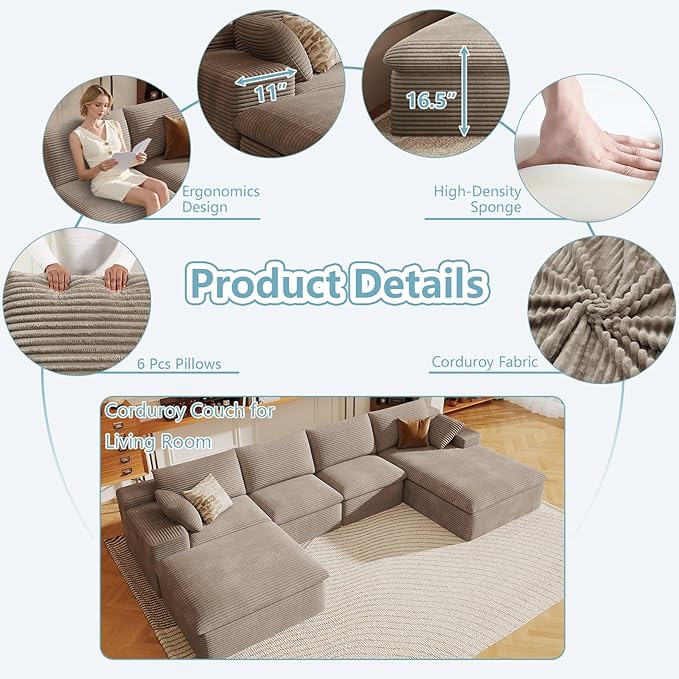 136" Cloud Sectional Couch with U-Shaped Chaise,Corduroy Viral Boneless Sofa with Ottoman,Memory Foam Couches in a Box with Deep Seat for Living Room,No Assembly Required (Camel,Right-Facing Chaise)