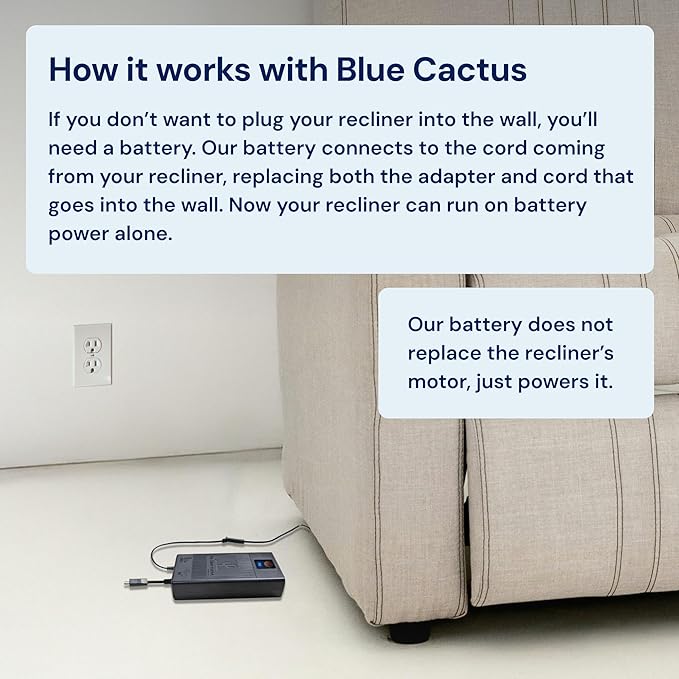 The Blue Cactus Max Power 5000mAh Kit - Battery, Power Transformer, Cords - 2-Pin Connector - Wireless with LED & Low Charge Alert - Couch Battery Pack for Reclining Chairs, Sofas & Loveseats