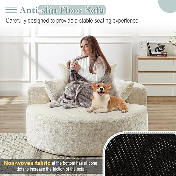 Oversized Round Chaise Longue Chair Indoor, Modern 55-inch Upholstered Chenille Deep Seat Circle Single Cloud Lounge Floor Sofa Chair for Living Room, Bedroom Apartment, Beige