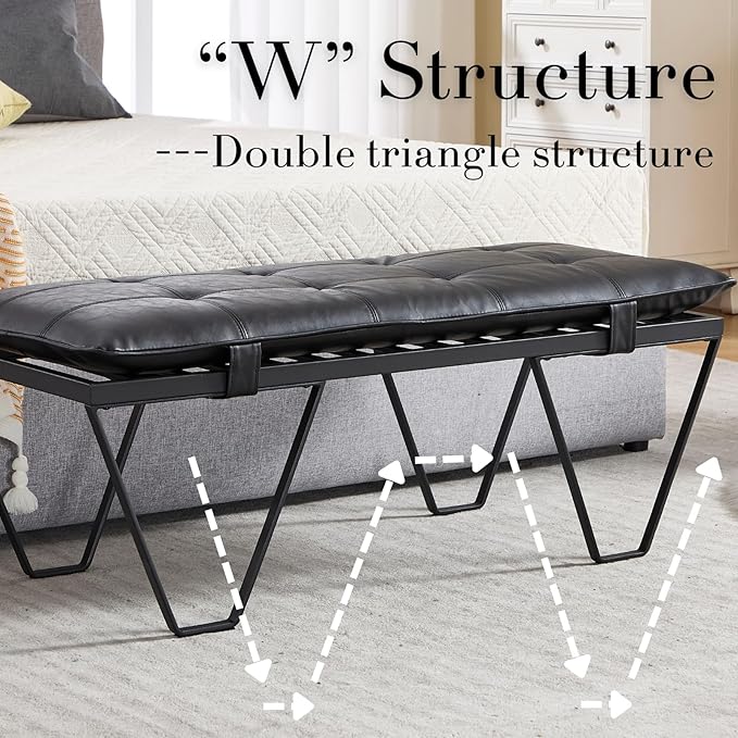 RIVOVA Modern Removable Tufted Upholstered Entryway Bench, 48-Inch Contemporary Indoor Ottoman Bench with Slatted Metal Frame, Black Leather Bench for Bedroom End of Bed, Dining, Hallway, Living Room