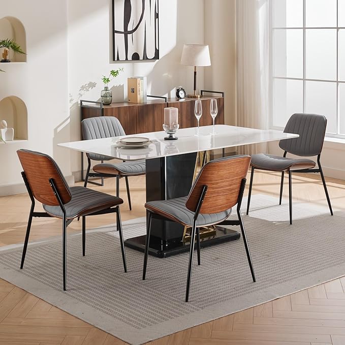 YaFiti Dining Chairs Set of 4, Mid Century Modern Accent Dining Room and Kitchen Chairs, Upholstered PU Leather Vertical Stripe Chairs for Vanity with Walnut Bentwood and Metal Legs, Gray